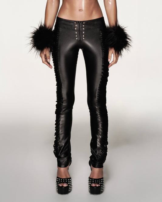 “Sculpted Leather Ruched Pants”